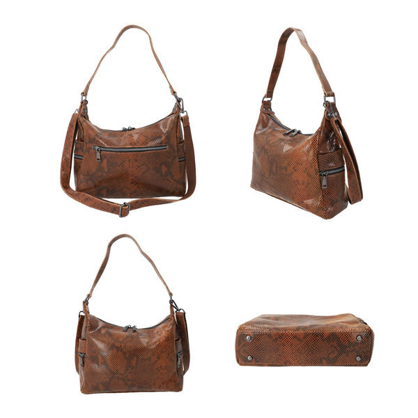 Hobo-Tasche aus 100% echtem Leder, Schlangenhautmuster, Braun image number 4