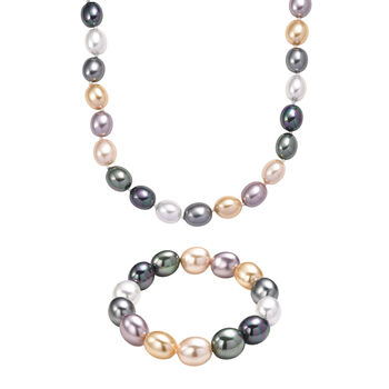 Mehrfarbige Oval Muschelkernperle 50cm Halskette und flexibles Armband