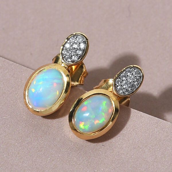 Nat&uuml;rliche, &auml;thiopische Opal und wei&szlig;e Zirkon-Ohrringe, 925 Silber vergoldet ca. 1,13 ct image number 2