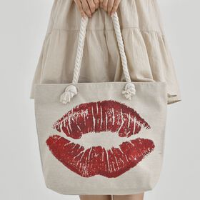 Gewebte Jute-Tasche mit rotem Kussmund, beige