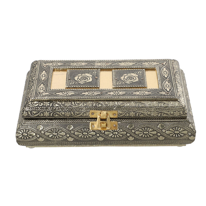 Handgefertigte Aufbewahrungsbox aus Teakholz mit Aluminiumfinish, Antik-Stil, Gold image number 0