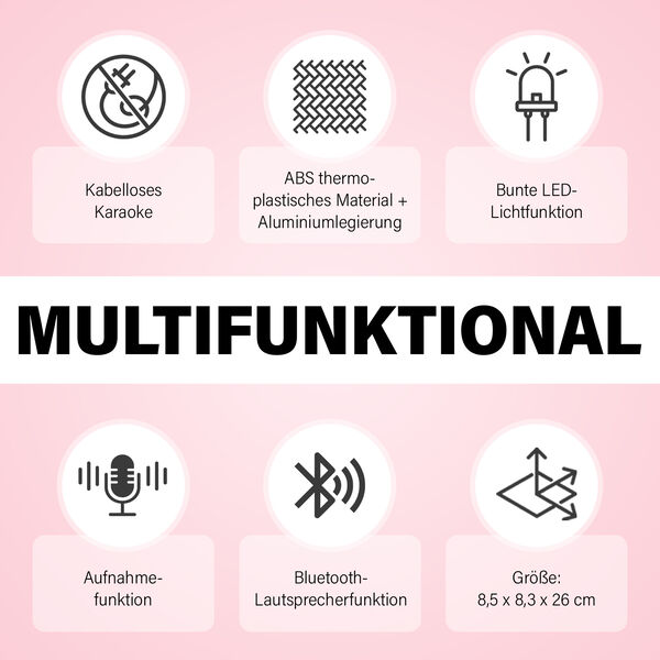 Multifunktions Karaoke Mikrofon und Bluetooth Lautsprecher mit sprachgesteuerten LED - Lichter und Sound - Echo, Rosa image number 3