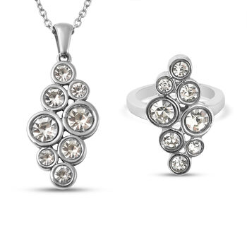 2er- Set wei&szlig;er Kristall-Ring und Anh&auml;nger mit Kette, ca. 50 cm, Edelstahl