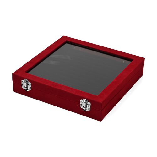 Quadratische Ringbox aus Samt mit Glasfenster und 10 Silberputztüchern, mit Sicherheitsverschluss, 24x24x5 cm, Weinrot image number 1