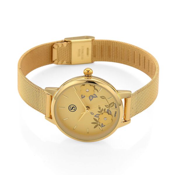 STRADA Uhr mit Japanischem PC21S Werk, Edelstahl-Mesharmband Goldfarben, florales Zifferblatt Gelb mit Weißem Kristall image number 4