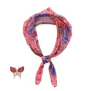 LA MAREY Signature - Seiden-Foulard aus 100% Maulbeerseide und Schmetterling-Seidenbrokat-Brosche, 110x110 cm, Rosa