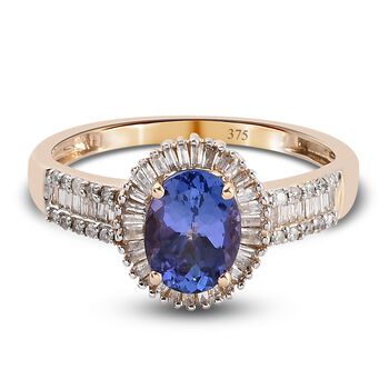 AA Tansanit und Diamant Halo-Ring, 375 Gelbgold (Gr&ouml;&szlig;e 18.00) ca. 1.70 ct