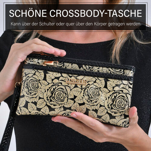 Stylische Sling Crossbody Tasche mit Champagner-Rosenmuster, Gold image number 1