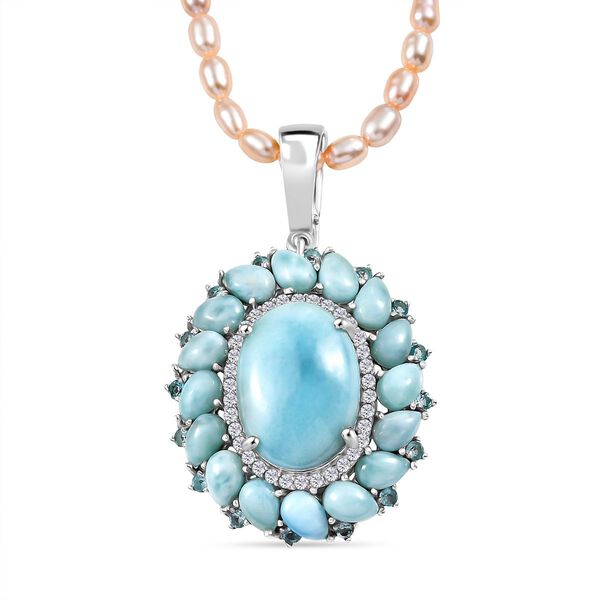 D'Joy Larimar, S&uuml;&szlig;wasser Perle, Neon Apatit und Zirkon Anh&auml;nger mit 45cm Kette