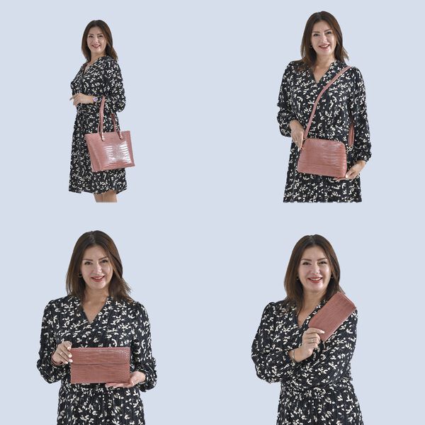 Passage - 4er-Set Handtaschen mit Krokodilpr&auml;gung; enth&auml;lt Schultertasche, Cross Body Bag, Clutch Bag und Portemonnaie, Rosa image number 2