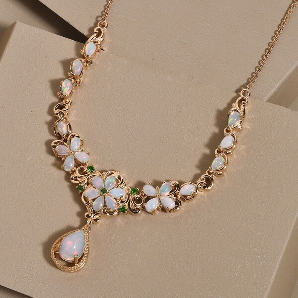 Natürliche, äthiopische Welo Opal und Chromdiopsid florale Halskette in Silber, 4,46 ct. image number 3