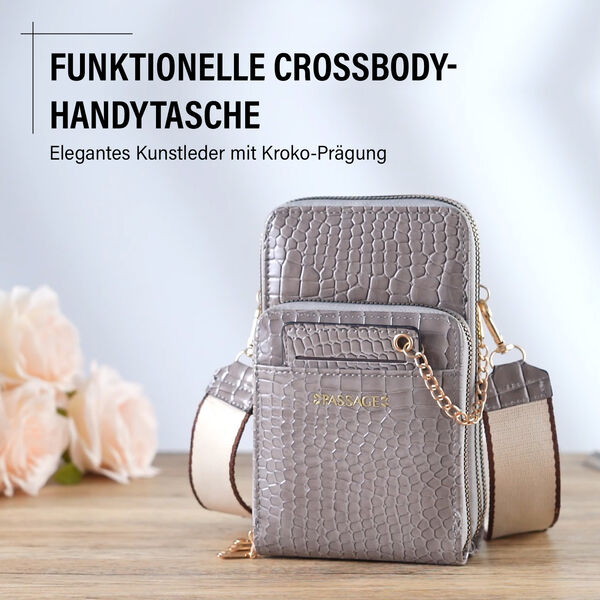 PASSAGE Crossbody Tasche aus PU-Lackleder mit Krokopr&auml;gung und RFID-Schutz, 18x7x11 cm, Taupe image number 1