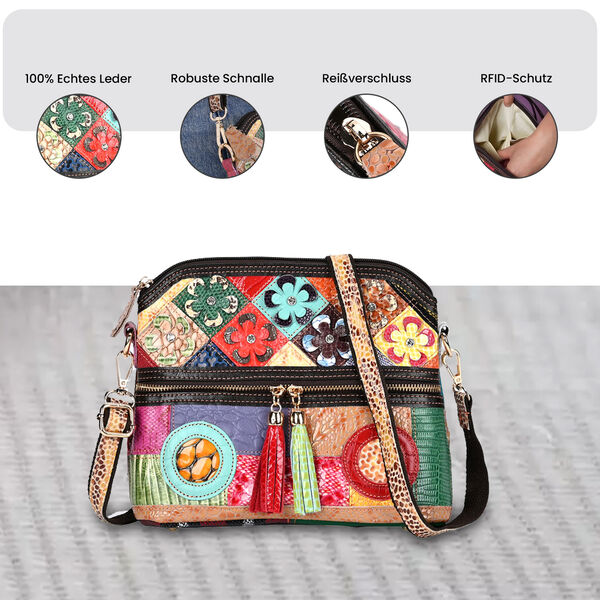 Chaos by Elsie- Echtleder Crossbody Bag mit RFID-Schutz und Kroko-Pr&auml;gung, Blumenmuster image number 4