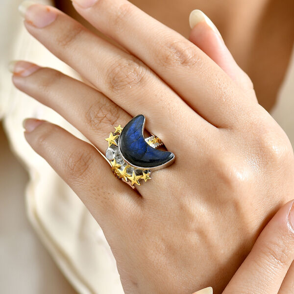 D'Joy AAA Labradorit, Regenbogen Mondstein Ring 925 Silber Rhodiniert und 750 Gelbgold Vermeil (Gr&ouml;&szlig;e 21.00) ca. 10.41 ct image number 3