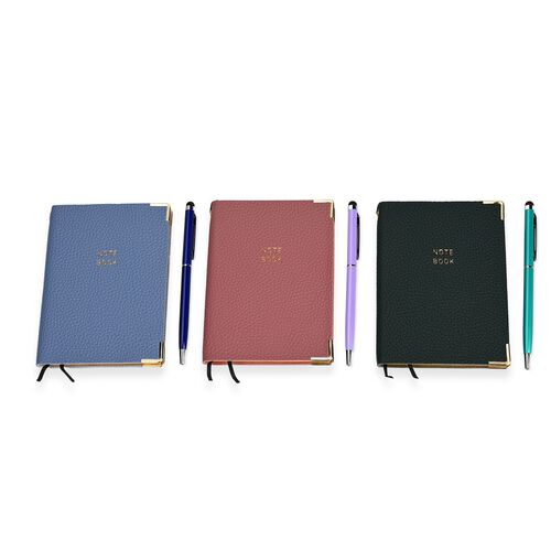 3tlg. Notiz- und Tagebuch Geschenkset mit Kugelschreiber, Grün, Rosa, Blau image number 0