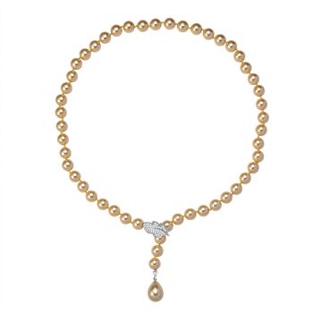 Goldene 10mm Muschelkernperle und wei&szlig;e Zirkonia 60cm Halskette