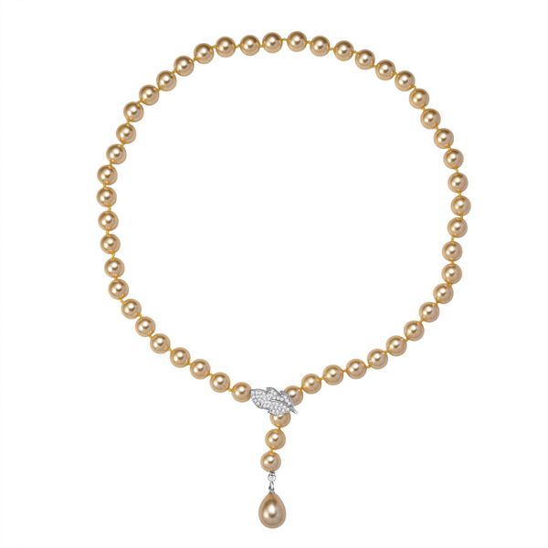 Goldene 10mm Muschelkernperle und wei&szlig;e Zirkonia 60cm Halskette image number 4