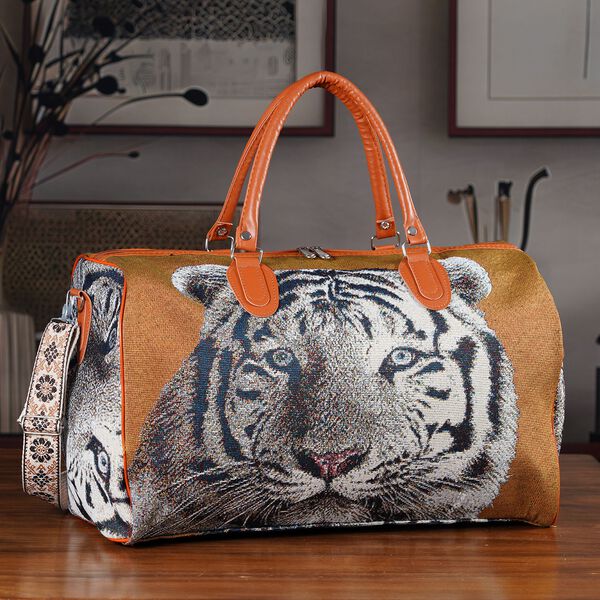 "Life style Color:brown with tiger print /Profile:Duffel bag wall(exterior):Polyester    Lining(interior): polyester; Pockets(exterior):Zipped-1 Pockets(interior):none Measurement:45*23*27cm           " image number 1