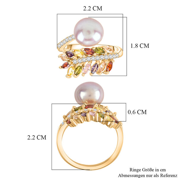 Lila Süßwasser Perle, Mehrfarbiger Zirkonia Ring Nickelfreies Messing, Goldfarben, Flexibles (Größe 17.00-19.00) image number 5