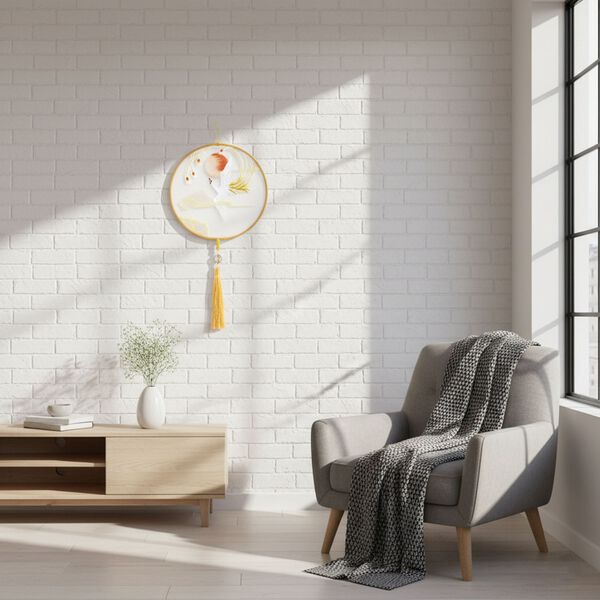 "Brand:LIVMORE Double-sided embroidery Silk wall decoration with  Jade tassel-Round shape                                                                                                             Size Dia: 20cm Pattern:Yellow Phoenix image number 2