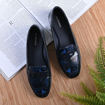 LA MAREY - Damen Mokassins, Schlangenhautmuster, Gr&ouml;&szlig;e 39, Dunkelblau