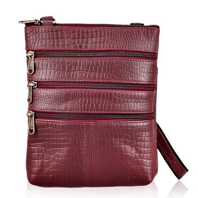 CLOSE OUT - Echtleder Crossbody Tasche mit Kroko Prägung, Multi-Fächer, 20 x 24 cm, Kirsch