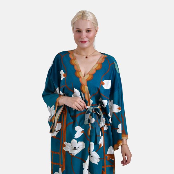 Kimono mit G&uuml;rtel , Blumenmuster, 128&times;78 cm, Blau image number 5