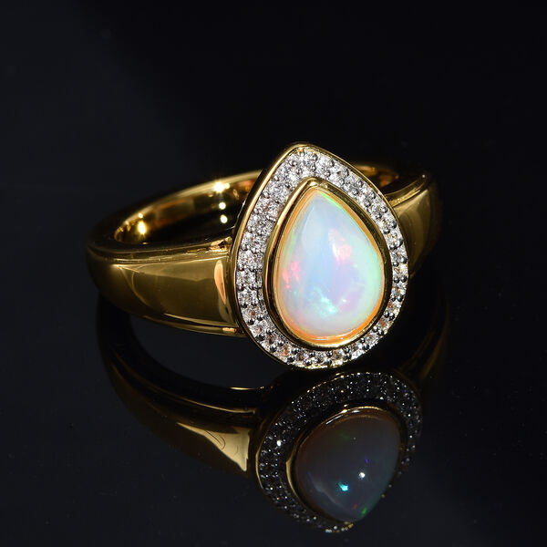 Nat&uuml;rlicher &Auml;thiopischer Opal und Zirkon Ring 925 Silber Gelbgold Vermeil image number 2