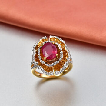 D'Joy Afrikanischer Rubin (Fissure gef&uuml;llt), Wei&szlig;er Zirkon Ring 925 Silber 750 Gelbgold Vermeil (Gr&ouml;&szlig;e 17.00) ca. 3,75 ct