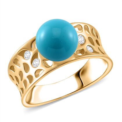 Sleeping Beauty T&uuml;rkis farbe Muschelperle, Moissanit Ring 925 Silber 750 Gelbgold Vermeil (Gr&ouml;&szlig;e 17.00)