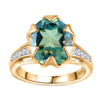 Pfau Quarz Triplette, Wei&szlig;er Zirkon Ring, 925 Silber, 750 Gelbgold Vermeil (Gr&ouml;&szlig;e 20.00), ca. 4.94 ct