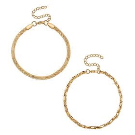 2er-Set Armbänder, Edelstahl, Bambus-Design und Schlangenarmband-Optik, Goldfarben, ca. 19 cm