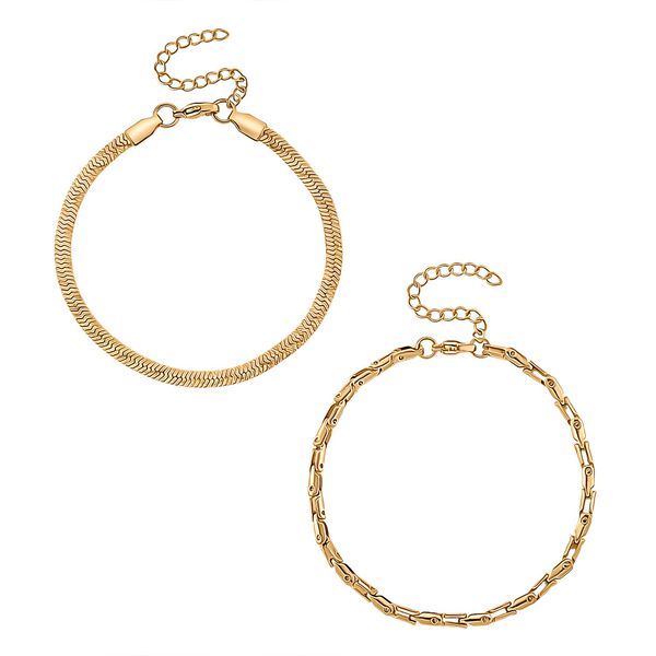 2er-Set Armb&auml;nder, Edelstahl, Bambus-Design und Schlangenarmband-Optik, Goldfarben, ca. 19 cm