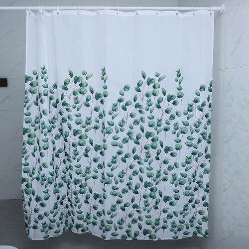 Duschvorhang mit 12 Haken und grünem Blattmuster, 180x180 cm, Grün und Weiß image number 0