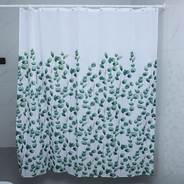 Duschvorhang mit 12 Haken und gr&uuml;nem Blattmuster, 180x180 cm, Gr&uuml;n und Wei&szlig;