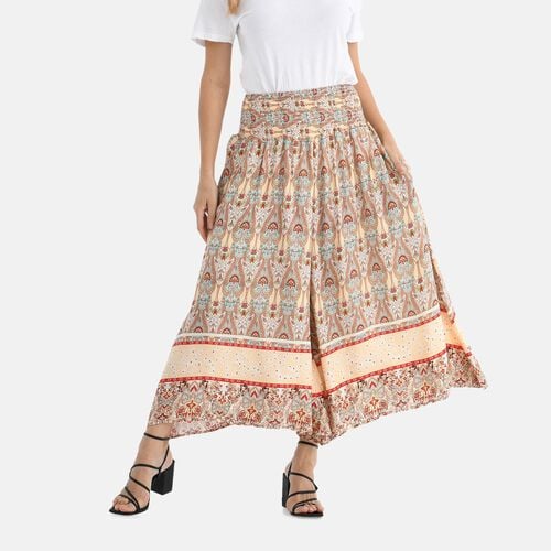 Gesmokte Taillen-Culottes mit Damastmuster, locker, bequem, elastischer Bund, 100 % Viskose, Einheitsgröße, Beige