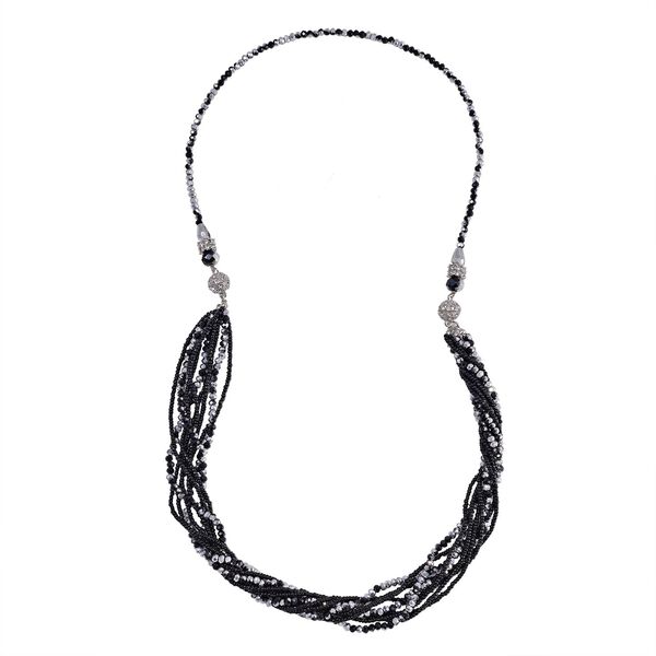 2er Set - mehrschichtiger Halsketten und Ohrringe, Schwarz-silberfarbene Kristallperlen und weiße Kristalle image number 3