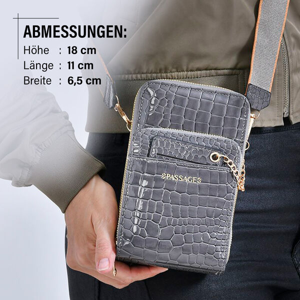 PASSAGE Crossbody Tasche aus PU-Lackleder mit Krokoprägung und RFID-Schutz, 18x7x11 cm, Dunkelgrau image number 3
