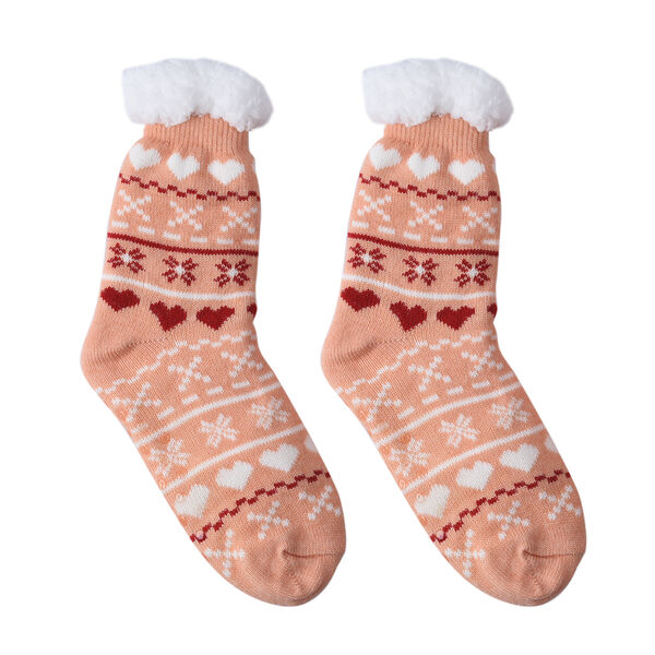 2er-Set - Rutschfeste Haussocken mit Sherpafutter, Einheitsgr&ouml;&szlig;e, Pfirsich-Wei&szlig;-Rot und Grau-Orange-Wei&szlig; image number 5