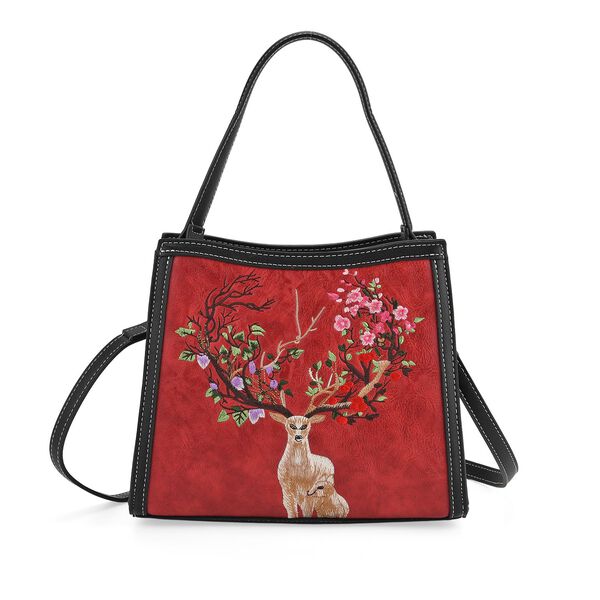 "PU Embroidered crossbody bag Color: Red  Size:  25*11*21cm   Wall: PU Lining: Polyester Exterior:zipped-1,pocket-1 Interior: zipped-2,slid-1 Long Shoulder strap:130cm " image number 4