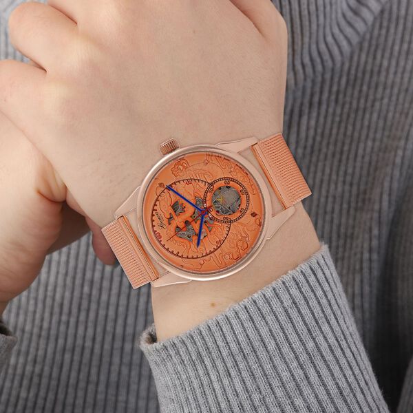 GENOA TIME V2 - Automatische mechanische Uhr mit Drachenmuster und Edelstahl-Mesharmband, 23 cm, rosevergoldet, ca. 89,00g image number 3