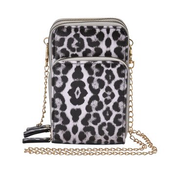 Handytasche mit Tragekette und RFID Schutz, 11x7x18cm, Leopard-Wei&szlig;