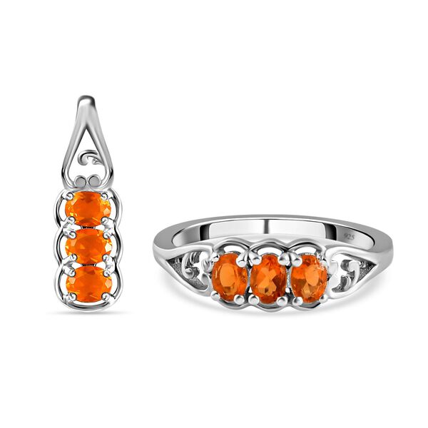 2er-Set-Salamanca Feueropal-Trilogie-Ring und Anh&auml;nger, 925 Silber platiniert, 0,70 ct.