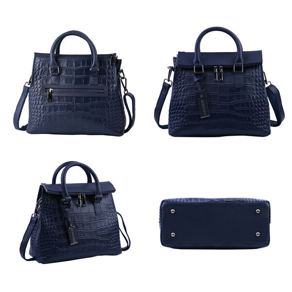 Schultertasche aus 100% echtem Leder mit Kroko-Pr&auml;gung und abnehmbarem Riemen, Dunkelblau&nbsp; image number 4