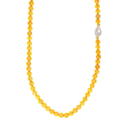 Citrin, Wei&szlig;e Barockperle Halskette ca. 45 cm, Nickelfreies Messing gelb vergoldet