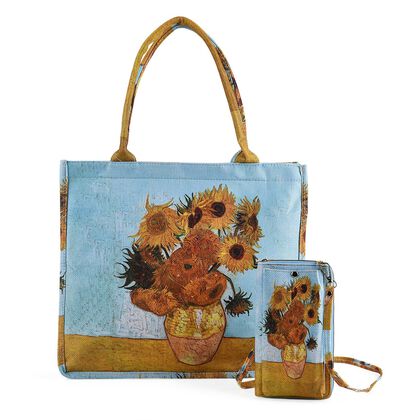 2-teiliges Taschenset - Shopper und Handytasche, ca. 40  x 12 x 35 cm (Shopper), ca. 20 x 11 x 2 cm (Handytasche), Sonnenblumen von Van Gogh