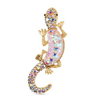Harz und mehrfarbige Kristall-Brosche in Goldton, Eidechse