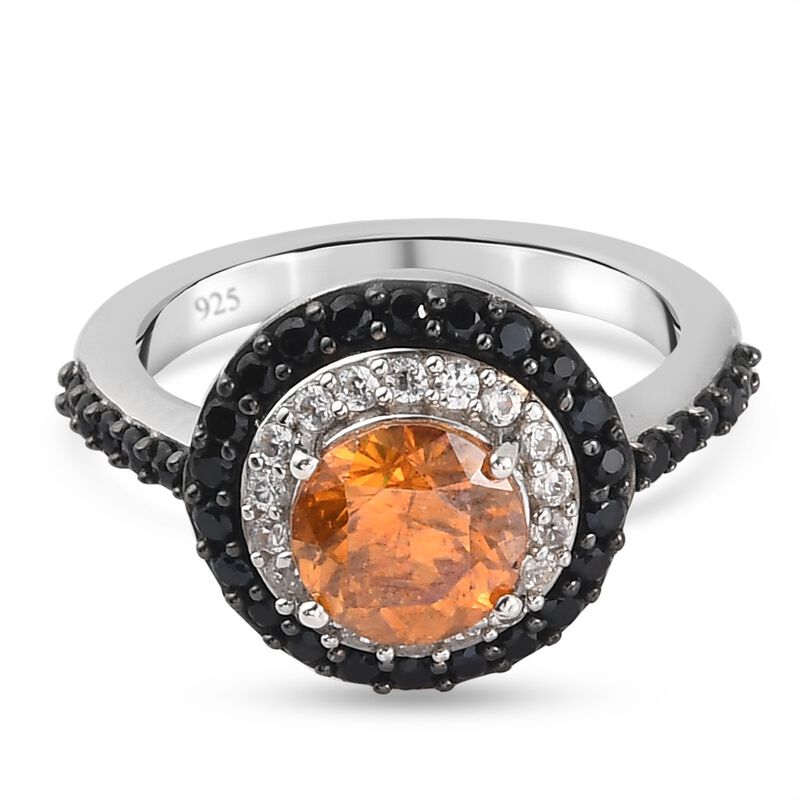 Orange Sphalerit und schwarze Spinell Ring 925 Silber Platin-Überzug image number 0