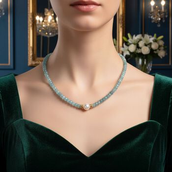 Muschelkernperle (9-11 mm) Halskette mit Blauem Quarzit, verstellbar ca. 40.5 cm +10 cm Extender, goldfarben