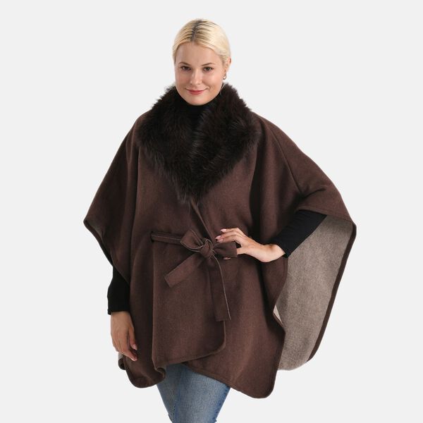 LA MAREY - Poncho mit Kunstfellkragen und G&uuml;rtel, One Size, Braun image number 3